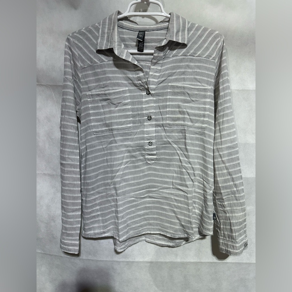 Mountain Hardwear Tunic Top Women’s S Gray White Stripe Long Sleeve Popover EUC